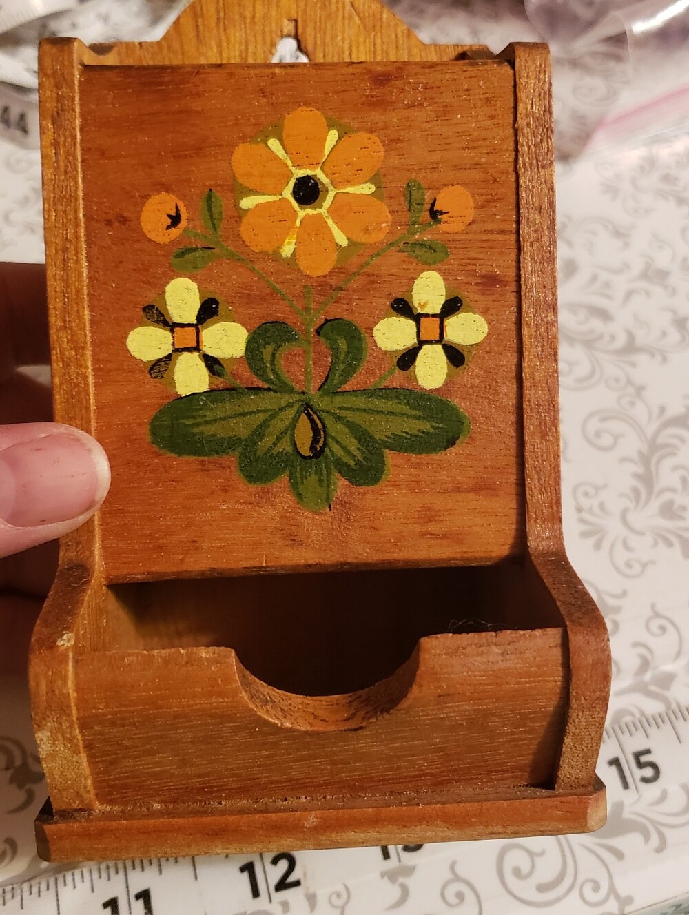 Vintage Wooden Floral Hand Painted Matchbox Holder Wall Mount 6" Tall